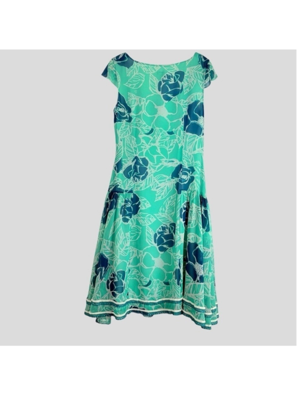 Odille 100 Silk Sheer Drop Waist Dress 6 Teal Floral Velvet Lace 90s Whimsigoth - Picture 7 of 16